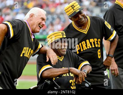Former Pirates players Jim Rooker and Rennie Stennett pose with Manny  Sanguillen during the 40th anniversary of the 1979 World Series team prior  to a baseball game against the Philadelphia Phillies, Saturday, July 20,  2019, in Pittsburgh. (Matt Freed