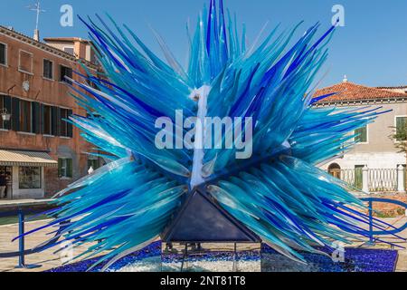 Blue Murano glass sculpture in San Stefano square, Murano Island, Venice Lagoon, Veneto, Italy. Stock Photo