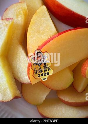 Close-up of Sugar Bee Ripe Red Apple Slices, 2023, USA Stock Photo