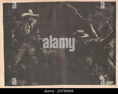 Black and white illustration shows the assault of one man by another. Drawing shows the Wild West. Vintage black and white picture shows adventure life in the previous century. Stock Photo