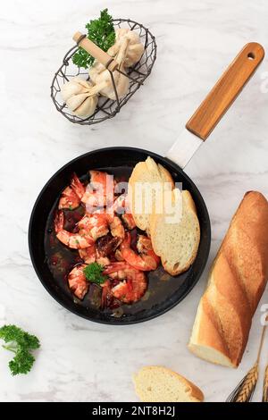 Selected Focus Top View Gambas Al Ajillo, Shrimp Cooked in Olive Oil, Chilli, and Garlic