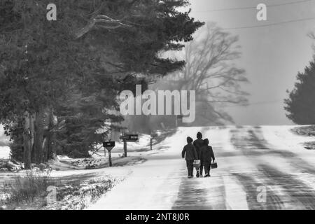 Amish boys walking home from school along a snowy back road in Central Michigan, USA [No model release; editorial licensing only] Stock Photo