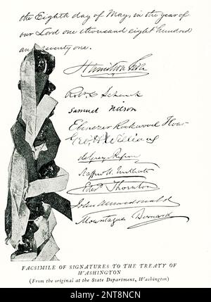 The caption for this 1896 illustration reads: 'Facsimile of Signatures to the Treaty of Washington (from the original at the State Department, Washington)' The Treaty of Washington was a treaty signed and ratified by the United Kingdom and the United States in 1871 during the first premiership of William Gladstone and the presidency of Ulysses S. Grant. It was meant to resolve a number of conflicts between the two nations. One of these was the death of many British civilians during the American Civil War even though Britain had remained neutral during the war, Stock Photo