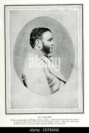 The 1896 caption reads: “U S Grant from photograph by Walker June 2 1875 General Grant shaved his beard on purpose the picture being used in cutting a cameo Only two copies each of two views, showing right and left profile, were printed.” Ulysses S. Grant (1822 - 1885) was an American military officer and politician who served as the 18th president of the United States from 1869 to 1877. Stock Photo