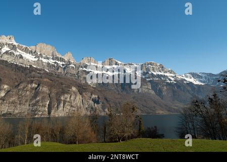 Unterterzen, Canton Saint Gallen, Switzerland, February 10, 2023 Incredible view over the Alpstein mountains and the lake of Walensee Stock Photo