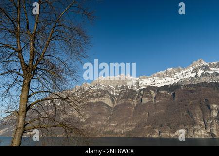 Unterterzen, Canton Saint Gallen, Switzerland, February 10, 2023 Incredible view over the Alpstein mountains and the lake of Walensee Stock Photo