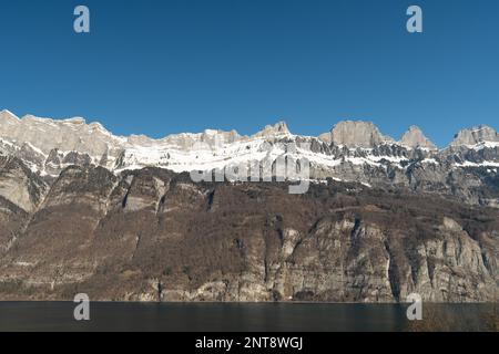 Unterterzen, Canton Saint Gallen, Switzerland, February 10, 2023 Incredible view over the Alpstein mountains and the lake of Walensee Stock Photo