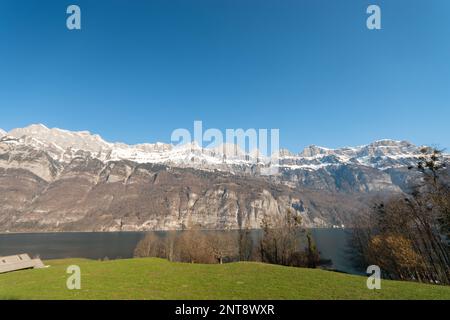 Unterterzen, Canton Saint Gallen, Switzerland, February 10, 2023 Incredible view over the Alpstein mountains and the lake of Walensee Stock Photo