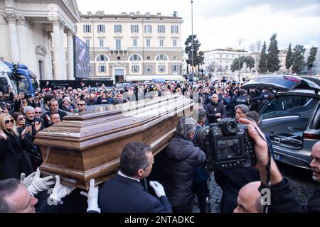 Rome, Italy. 27th Feb, 2023. Maurizio Costanzo's coffin exits the Church of the Artists in Rome (Photo by Matteo Nardone/Pacific Press) Credit: Pacific Press Media Production Corp./Alamy Live News Stock Photo