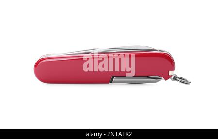 Compact portable multitool with red handle isolated on white Stock Photo