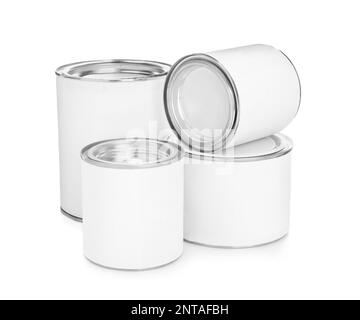 Closed blank cans of paint on white background Stock Photo - Alamy