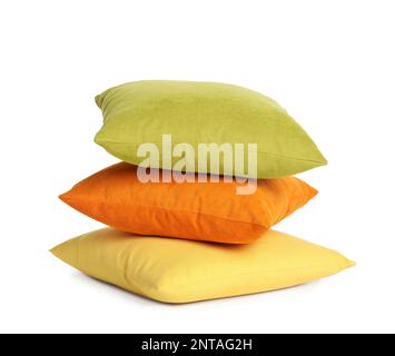 Stack of colorful decorative pillows on white background Stock Photo