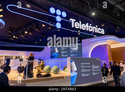 Barcelona, Spain - February 27 2023: Mobile world congress 2023 in Barcelona. Booth or stand of Telefonica Stock Photo