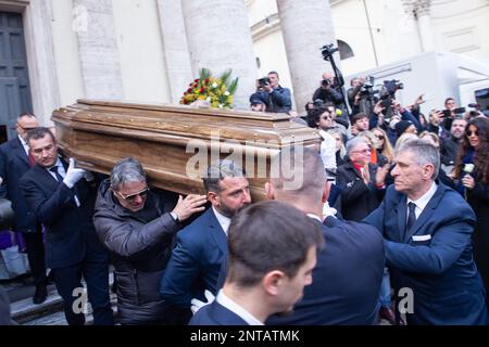 Rome, Italy. 27th Feb, 2023. Maurizio Costanzo's coffin exits the Church of the Artists in Rome (Photo by Matteo Nardone/Pacific Press/Sipa USA) Credit: Sipa USA/Alamy Live News Stock Photo