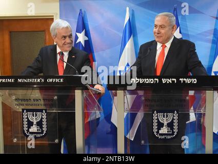 Chilean President Sebastian Pinera, left and Israeli Prime Minister Benjamin Netanyahu make statements to the media in Jerusalem, Wednesday, June 26, 2019. (Debbie Hill/Pool Photo via AP)