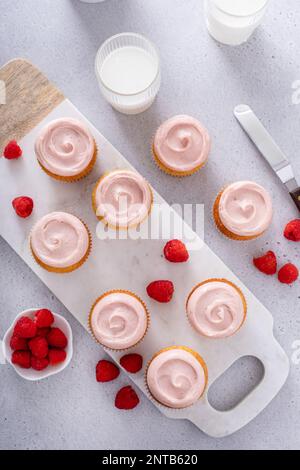 Raspberry cupcakes with a swirl of cream cheese raspberry frosting Stock Photo