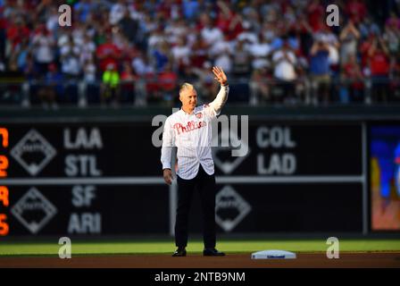 Former Philadelphia Phillies' Chase Utley reacts during a retirement  ceremony before a baseball game between the Philadelphia Phillies and the  Miami Marlins, Friday, June 21, 2019, in Philadelphia. Miami won 2-1. (AP