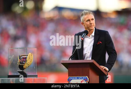 PHILADELPHIA, PA - JUNE 21: Chase Utley waves to his family during his  retirement ceremony before the game between the Miami Marlins and  Philadelphia Phillies on June 21, 2019 at Citizens Bank