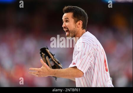 Former Philadelphia Phillies' Chase Utley reacts during a retirement  ceremony before a baseball game between the Philadelphia Phillies and the  Miami Marlins, Friday, June 21, 2019, in Philadelphia. Miami won 2-1. (AP