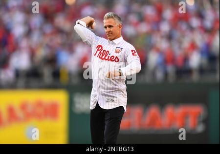 Former Philadelphia Phillies' Chase Utley reacts during a retirement  ceremony before a baseball game between the Philadelphia Phillies and the  Miami Marlins, Friday, June 21, 2019, in Philadelphia. Miami won 2-1. (AP