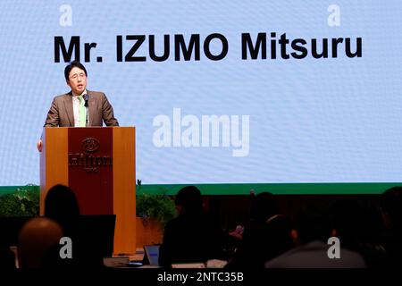 Tokyo, Japan. 28th Feb, 2023. Izumo Mitsuru Founder and President of Euglena Co., Ltd. delivers a speech during the G-NETS Leaders Summit in Tokyo. The Global City Network for Sustainability (G-NETS) Leaders Summit aims the cooperation between the world's cities to resolve challenges such as a sustainable society post-COVID-19. This time 34 cities around the world took part in the three-day summit, from February 27 to March 1st. (Credit Image: © Rodrigo Reyes Marin/ZUMA Press Wire) EDITORIAL USAGE ONLY! Not for Commercial USAGE! Stock Photo