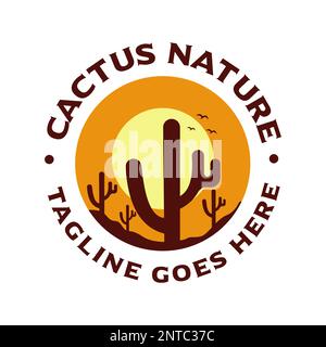 Vintage illustration of desert cactus with mountain view, sun and birds of prey. Cliff and cactus travel logo Stock Vector