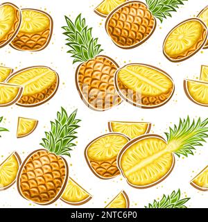 Vector Pineapple Seamless Pattern, square repeat background with illustration of pineapple still life with green leaves for wrapping paper, group of f Stock Vector