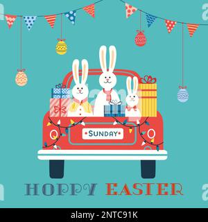 Easter rabbits with presents in car fancy poster Stock Vector