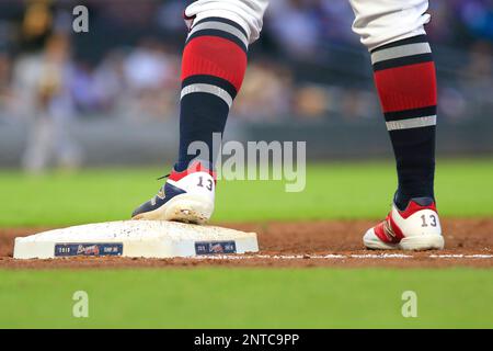 A detail of the cleats of Ronald Acuna Jr. #13 of the Atlanta