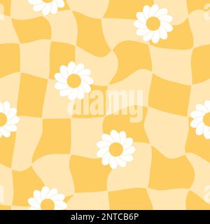 Retro 70s flowers with distorted checkered seamless pattern background ...