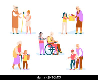 Good kids help old people with daily routines. Senior men and women support. Grandchildren care of elderlies. Teenagers buy groceries for aged persons Stock Vector