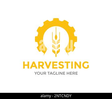 Yellow wheat ears and gear, quality farm product in gold color. Agriculture symbol, wheat, barley logo design. Harvesting wheat bread agriculture. Stock Vector