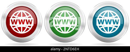 Web, www and internet vector icon set. Red, blue and green silver metallic web buttons with chrome border Stock Vector
