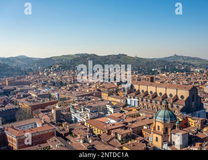 View from the Asinelli Tower of the Basilica San Petronio and Santa Maria della Vita, Old Town, Bologna, Emilia-Romagna, Italy Stock Photo