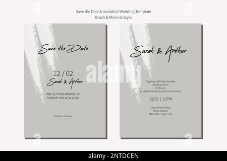 Save the date and wedding invitation modern card template with brush stroke and minimal style. Stock Vector