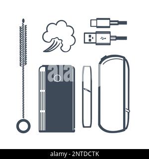 Electronic cigarettes, tobacco heaters and accessories. Vape shop icons. Isolated on a light background. Vector. Stock Vector