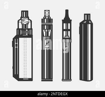 Different types of electronic cigarettes icons for vape shop. Isolated on white background. Vector. Stock Vector