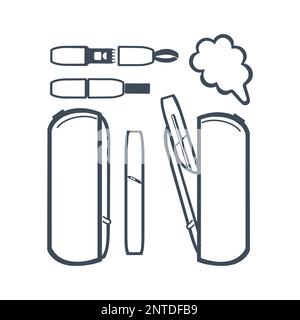 Electronic cigarette and accessories icons for vape shop. Isolated on white background. Vector. Stock Vector