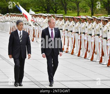 U.S. acting Defense Secretary Patrick M. Shanahan (R) and Japanese Defense Minister Takeshi Iwaya review a quard of honor ceremony at the Defense Ministry in Tokyo on June 4, 2019. President Donald Trump appointed Shanahan to the role after the resignation of Retired General James N. Mattis. ( The Yomiuri Shimbun via AP Images )