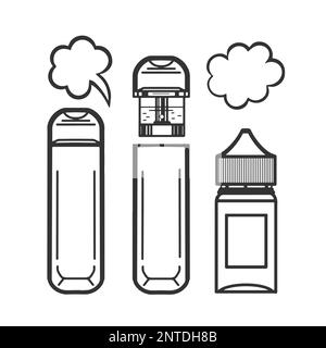 Electronic cigarette liquid for smoking. Cloud of steam. Vape shop icons. Isolated on white background. Vector. Stock Vector