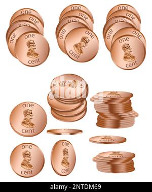 USA pennies are seen in various ways in this 3-d illustration Stock Photo