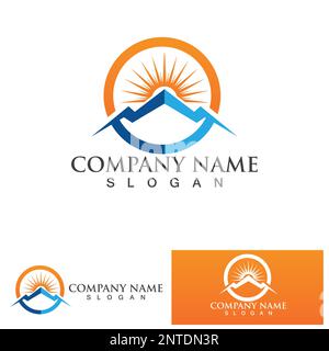 Isolated round sunset vector logo. Mountains silhouette. Minimalistic evening sky. Stock Vector