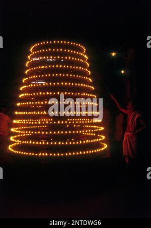 Big temple lamp in India. The 1000 wich oil lamp in the Chettikulangara Bhagavathi temple in the Alappuzha district of Kerala, India, Asia Stock Photo