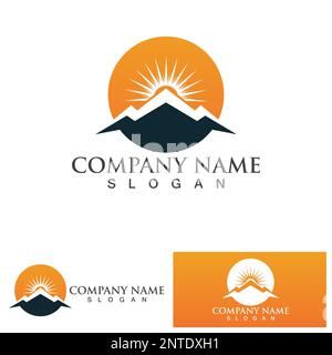 Isolated round sunset vector logo. Mountains silhouette. Minimalistic evening sky. Stock Vector