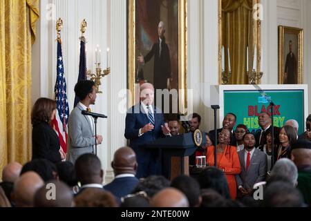 United States President Joe Biden makes remarks at a reception celebrating Black History Month at The White House in Washington, DC, on February 27, 2023. Credit: Chris Kleponis/CNP /MediaPunch Stock Photo