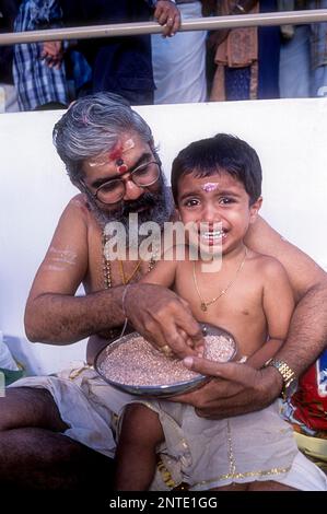 Ezhuthiniruthu Ceremony on Vijayadasami day in Saraswathi Temple at Panachikadu near Kottayam, Kerala, South India, India, Asia Stock Photo