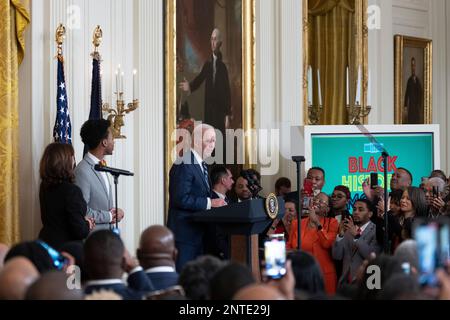 United States President Joe Biden makes remarks at a reception celebrating Black History Month at The White House in Washington, DC, on February 27, 2023. Credit: Chris Kleponis/CNP /MediaPunch Stock Photo