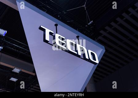 Barcelona, Spain. 27th Feb, 2023. The logo of Chinese mobile phone company Tecno is seen during the first day of Mobile World Congress 2023 (MWC) at the Fira de Barcelona in Spain. The GSMA Mobile World Congress is an important technology and communications trade show held annually in Barcelona where the biggest technology and mobile companies from all over the world present their latest products. Credit: SOPA Images Limited/Alamy Live News Stock Photo