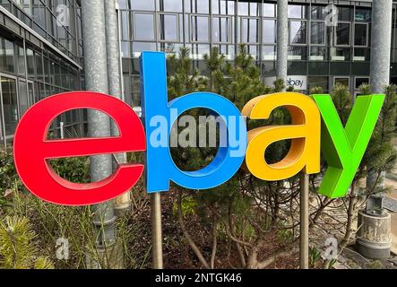 Kleinmachnow, Germany. 27th Feb, 2023. The logo of the digital marketplace Ebay in front of the Germany headquarters in Kleinmachnow near Berlin. Ebay will stop charging private sellers in Germany from March 1, 2023, in a bid to boost business on the platform overall. Credit: Christoph Dernbach/dpa/Alamy Live News Stock Photo