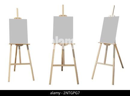White tablet for drawing on a wooden easel in 3 angles isolated on a white background Stock Photo